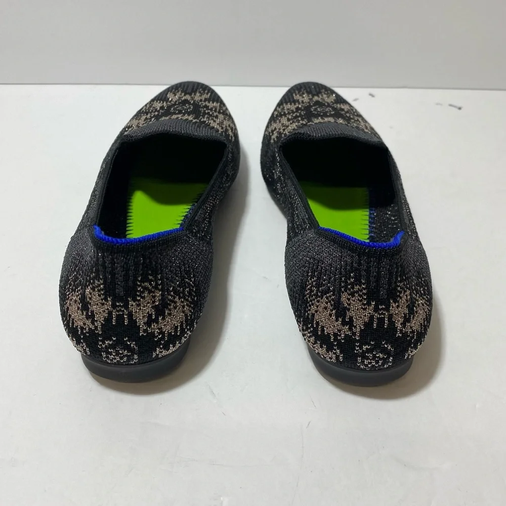 Rothy's Women's Black Grey Metallic Shiny Floral Almond Toe Loafers Flats Sz 5.5